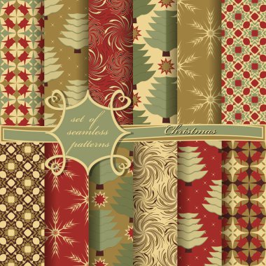 Dekoratif Noel ağaçları, soyut desenler, kar taneleri, yıldızlar. Kusursuz Noel vektör çizimleri kümesi. 