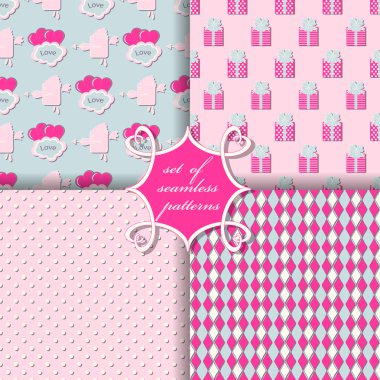 Sevgililer günü kesintisiz vektör çizim kümesi. Dekoratif hediye kutusu, kalp, aşk tanrısı