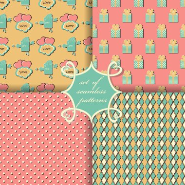 Sevgililer günü kesintisiz vektör çizim kümesi. Dekoratif hediye kutusu, kalp, aşk tanrısı