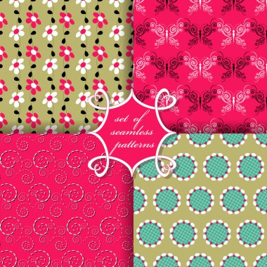 Sorunsuz vektör çizimler kümesi. Soyut şekiller, kelebek ve dekoratif çiçek