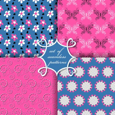 Sorunsuz vektör çizimler kümesi. Soyut şekiller, kelebek ve dekoratif çiçek