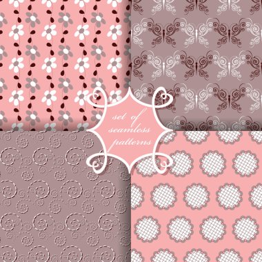 Sorunsuz vektör çizimler kümesi. Soyut şekiller, kelebek ve dekoratif çiçek