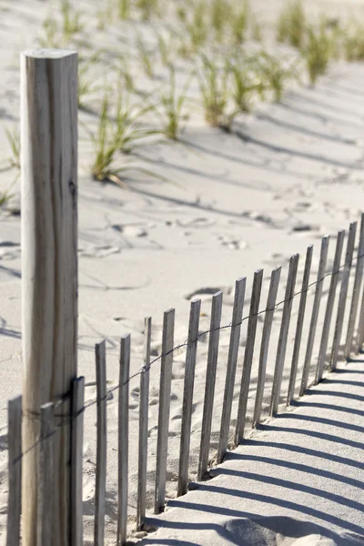 Witte zandduinen met een hek en gras op een hete zomerdag. — Stockfoto