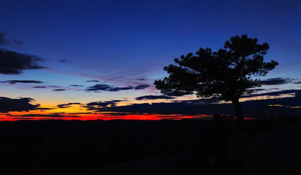 Bosrijke landschap bij zonsondergang. — Stockfoto