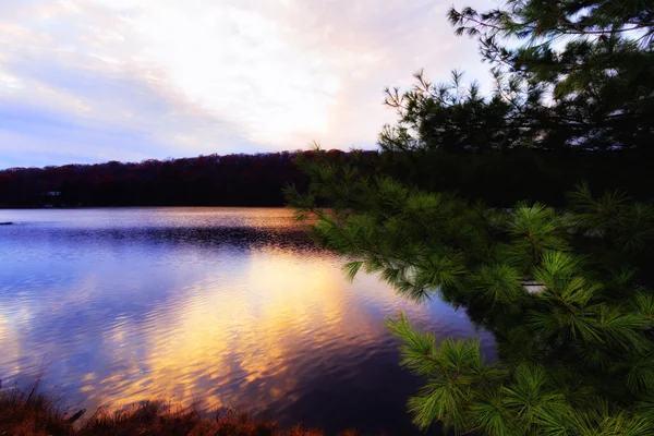 Zachód słońca nad jeziorem lesie. — Zdjęcie stockowe