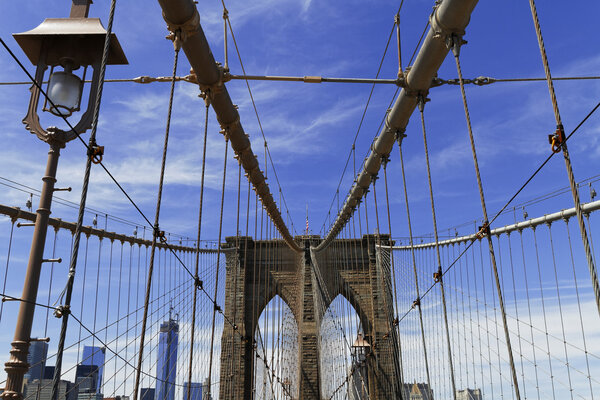 View of historic Brooklyn Bridge in New York City.