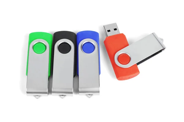 Quatro Unidades Caneta Usb Coloridas Fundo Branco — Fotografia de Stock