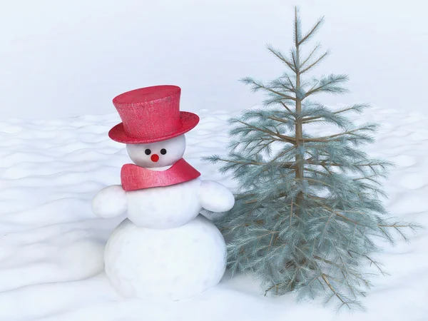 Pupazzo di neve 3D con un albero di pino — Foto Stock