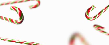 Geleneksel Noel şekeri bastonu uçurmak, beyaz arka planda lolipop düzleştirmek. Yaratıcı yeni yıl yemeği konsepti. Şölen dekorasyonu, tatlılığı, karamel şekeri. Noel bayramı sembolü, dekorasyon.