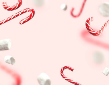 Yaratıcı yeni yıl konsepti. Geleneksel Noel şekerleri, lolipop, pembe arka planda beyaz şekerlemeler. Şölen dekoru, tatlılık, karamel, şeker. Noel bayramı sembolü