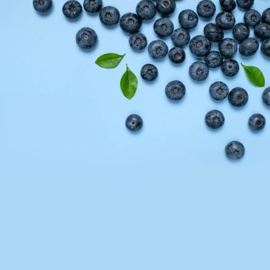 Mavi arka planda yeşil yapraklı taze, sulu yabanmersini. Yabanmersini arka planı. Düz görünüm kopyalama alanı yatıyordu. Sağlıklı böğürtlen, organik gıda, antioksidan, vitamin, mavi gıda. Yabanmersini deseni