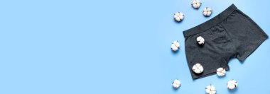 Erkek iç çamaşırı, gri iç çamaşırı ve mavi arka planda pamuk çiçekleri. Doğal kumaş konsepti, eko tarzı. Düz görünüm kopyalama alanı yatıyordu. Moda iç çamaşırı, reklam, alışveriş. Pantolon boksörleri.