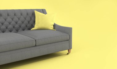 Sarı arka planda tahta bacaklı, sarı gri yastıklı modern İskandinav klasik gri kanepesi. Pantone 'un 2021 yılı rengi. Aydınlatıcı ve nihai gri. Mobilya, iç eşya, kumaş kanepe..