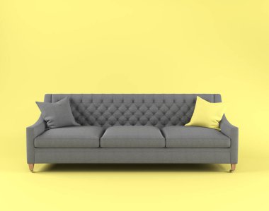 Sarı arka planda tahta bacaklı, sarı gri yastıklı modern İskandinav klasik gri kanepesi. Pantone 'un 2021 yılı rengi. Aydınlatıcı ve nihai gri. Mobilya, iç eşya, kumaş kanepe..