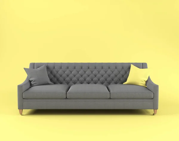 Modern scandinavian classic gray sofa with yellow, gray pillow on wooden legs on yellow background. Pantone color of year 2021. Illuminating and Ultimate gray. Furniture, interior object, Fabric sofa.