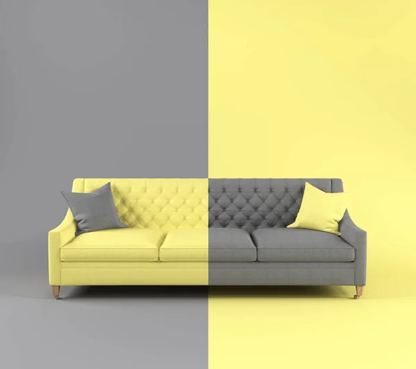 Sofá de tecido escandinavo moderno com travesseiro em pernas no fundo cinza amarelo. Cor do ano 2021. Iluminando e Ultimate cinza. Móveis de conceito criativo, objeto interior. Inversão de cor — Fotografia de Stock