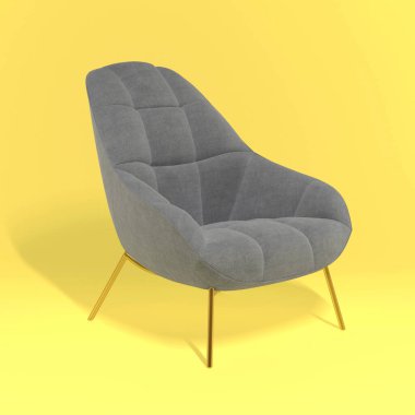 Sarı arka planda rahat moda gri tasarımcı koltuğu. 2021 'in moda renkleri. Aydınlatıcı ve nihai gri. Tek bir mobilya parçasıyla yaratıcı minimalist düzen.