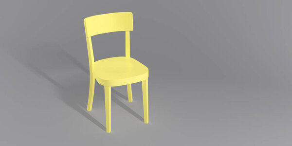 Yellow wooden chair on a gray background. Trendy colors of the year 2021. Illuminating and Ultimate gray. Creative minimalistic layout with a single piece of furniture. Fashionable yellow armchair.
