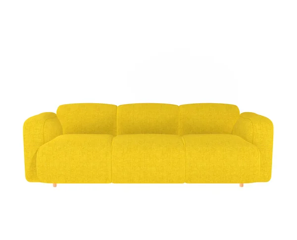 白い背景に木製の足で隔離された現代的な柔らかい黄色のファブリックソファ。ファッショナブルな快適な家具のシングルピース。スタイリッシュなオフィスファブリックソファ。贅沢なソファだ。室内物 — ストック写真