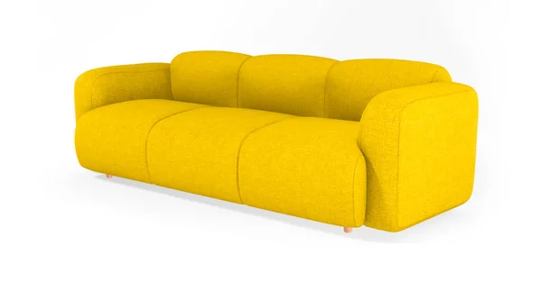 Sofá de tecido amarelo macio moderno com pernas de madeira isoladas em fundo branco. Moda confortável peça única de mobiliário. Sofá elegante tecido de escritório. Sofá de luxo. Objeto interior — Fotografia de Stock