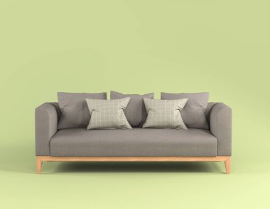 Modern İskandinav gri kumaşlı kanepe, yumuşak yastıklı, tahta bacaklı, açık yeşil arka planda düz manzaralı. Mobilyalar, tek parça iç nesne. Moda koltuğu..
