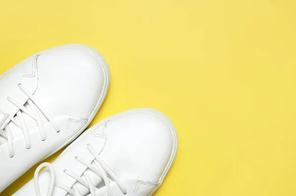 White Sneakers Yellow Background Top View Flat Lay Stylish Youth — Stockfoto