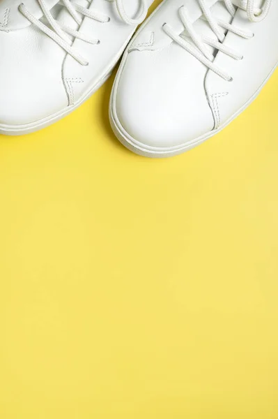 White Sneakers Yellow Background Top View Flat Lay Stylish Youth — Stockfoto