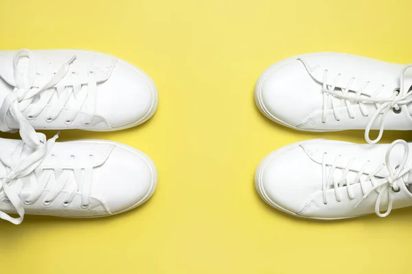 White Sneakers Yellow Background Top View Flat Lay Stylish Youth —  Fotos de Stock