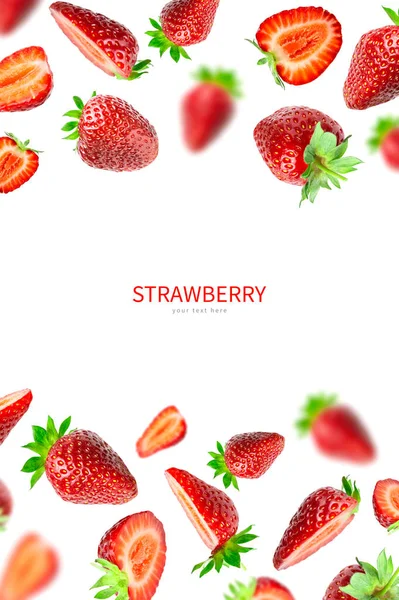 Ripe Fresh Flying Red Strawberry Isolated White Background Strawberry Pattern — Stock Photo, Image