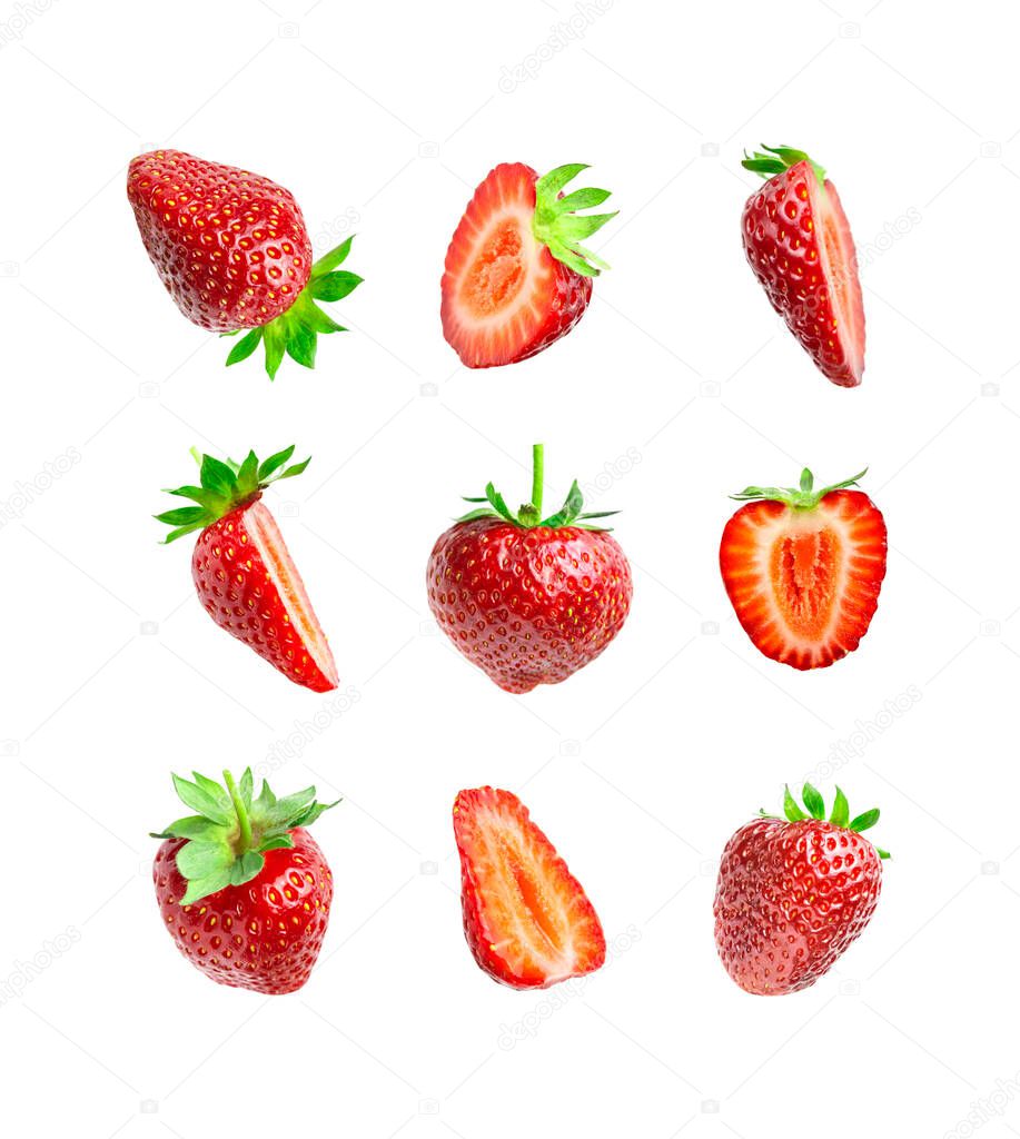 Ripe fresh red strawberry isolated on white background. Strawberry collection. Summer delicious sweet berry organic fruit, food, diet, vitamins, creative layout. Whole and chopped strawberries
