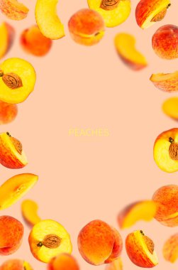 Pembe arka planda taze olgun şeftaliler uçuyor. Çukurlu tam ve yarım şeftali dilimi. Yaz meyveleri, organik vejetaryen sağlıklı yiyecekler. Hasat konsepti. Şeftalili yaratıcı kompozisyon.