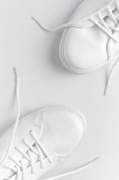 White Women Leather Sneakers White Background Top View Flat Lay — Stock Photo, Image