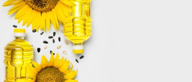 Ayçiçeği yağlı plastik şişeler, taze sarı ayçiçekleri, gri arka planda ayçekirdeği. Hasat zamanı tarım petrol üretimi. Sağlıklı yağlar, yiyecek. Düz görünüm kopyalama alanı.