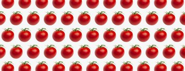 Domates desenli. Yaratıcı gıda konsepti. Gri arka planda yeşil kuyruklu kırmızı sulu domatesler. Sağlıklı vejetaryen organik yiyecekler, sebze, kiraz domatesleri, yaz, hasat. Pankart.