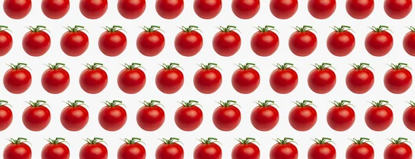 Tomatoes pattern. Creative food concept. Red ripe juicy tomatoes with green tail on gray background. Healthy vegan organic food, vegetable, cherry tomatoes, summer, harvesting. Banner.