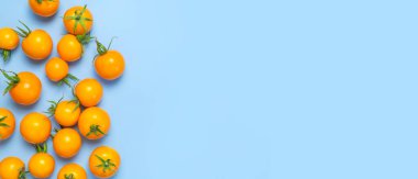 Mavi arka planda yeşil kuyruklu taze sarı turuncu domatesler üst tarafta yatıyordu. Kiraz domatesleri. Sebzeler, sağlıklı vejetaryen organik yiyecekler, hasat konsepti, domates desenli düzen, yemek pişirme..