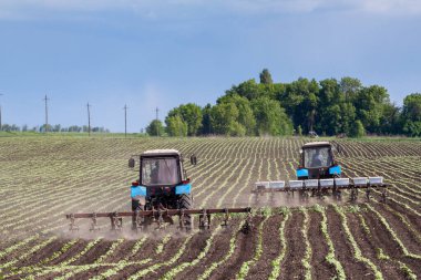Traktör ve ekiciler tarlaya ekin ekiyor.