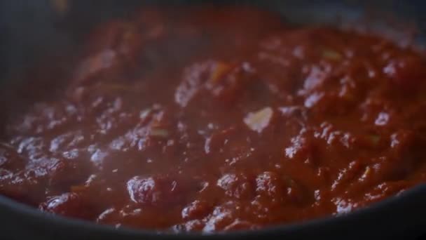 Kochende Tomatensoße in Pfanne — Stockvideo