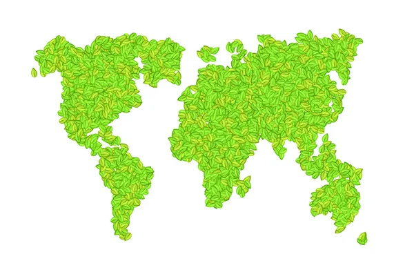 Mapa mundo vetorial com folhas em um branco —  Vetores de Stock