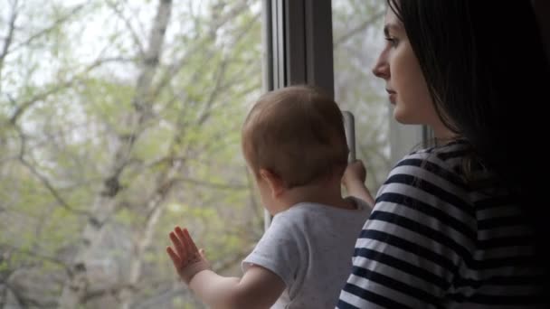 Liten pojke med sin mamma ser ut genom fönstret — Stockvideo