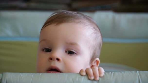 Filmagem menino de nove meses senta-se em playpen . — Vídeo de Stock