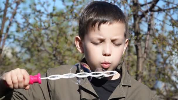 Footage boy blowing bubbles outdoors. — Stock Video