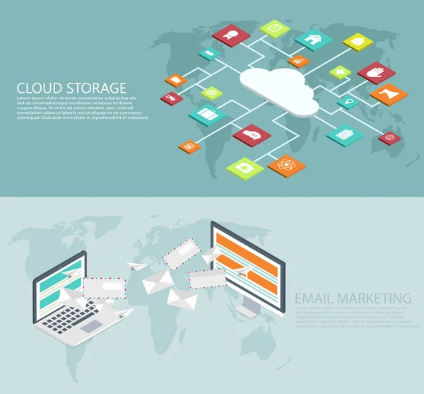 Vektorové moderní byt izometrické cloud skladování, e-mailové marketingové prostředí — Stockový vektor