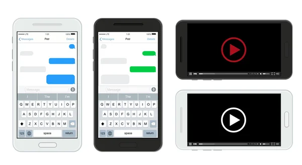 벡터 현대 스마트폰에 고립 된 흰색 배경을 설정합니다. 텍스트 메시지 및 비디오 플레이어. — 스톡 벡터