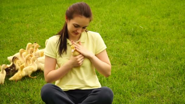 Footage woman holding a little duck in hand and sitting on green grass — Stock Video