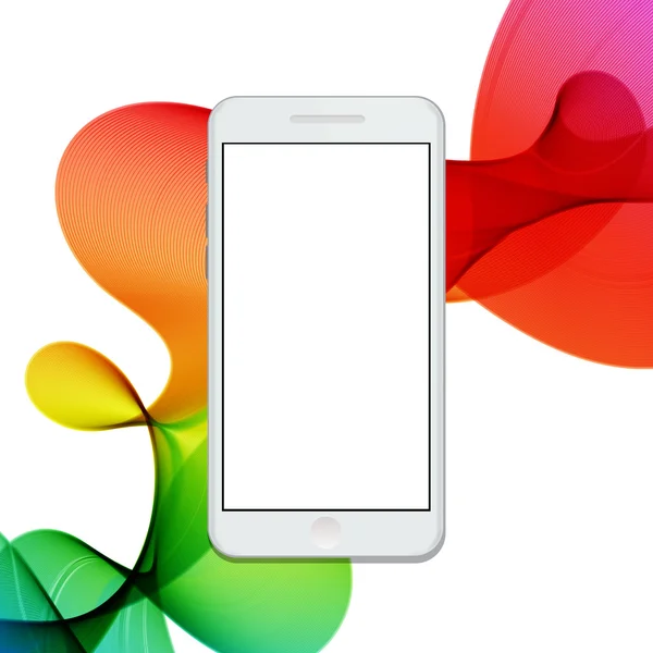 Vektor modernes Smartphone auf bunten abstrakten Wellen Hintergrund. — Stockvektor