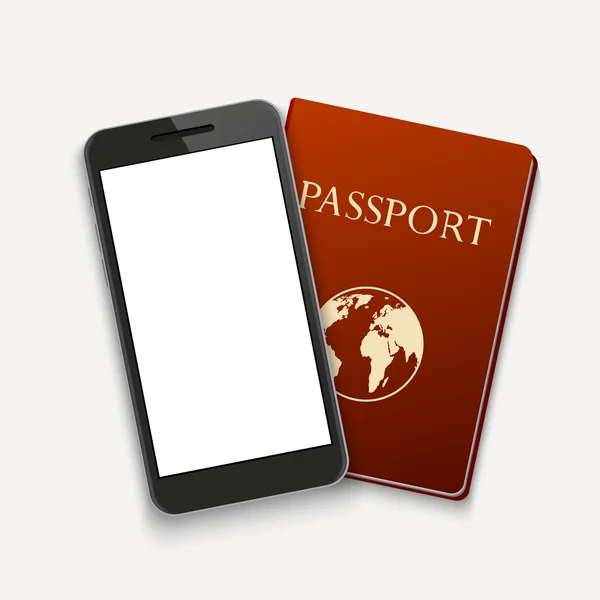 Vettoriale moderno smartphone con passaporto. sfondo di viaggio . — Vettoriale Stock