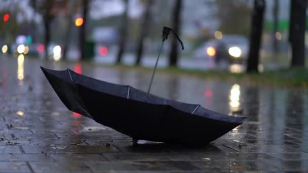 Tiró paraguas negro en la carretera en un día lluvioso — Vídeos de Stock