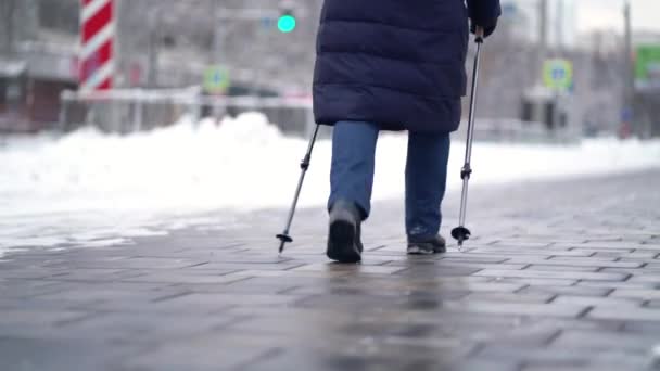 Aktive Seniorin trainiert Nordic Walking mit Trekkingstöcken. Ältere Frau übt im Winter im Freien Nordic Walking — Stockvideo