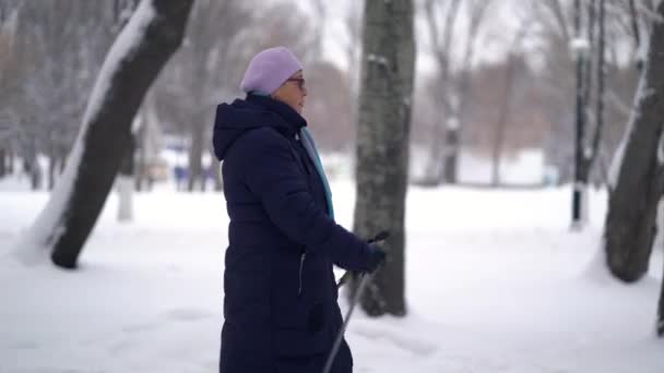 Idosa idosa ativa treinando caminhada nórdica com postes de trekking. Mulher idosa praticando caminhada nórdica ao ar livre no inverno — Vídeo de Stock